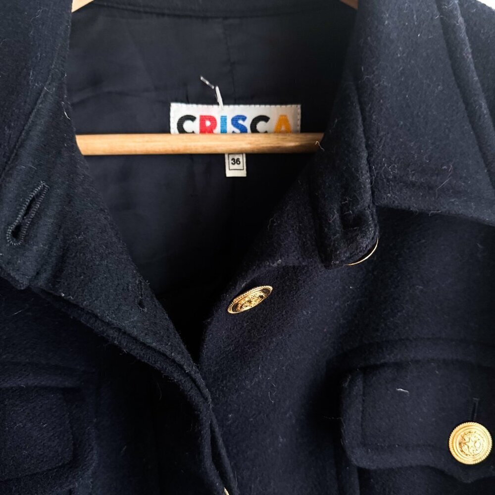Vintage Crisca Navy Blue Wool Cropped Gold Button Jacket S/M - Picture 3 of 7